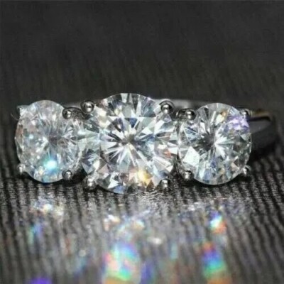 Three Stone Diamond Engagement Ring 14K White Gold FN Ring Anniversary Ring