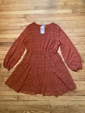 NWT KIRUNDO Women's Modern Boho  V-Neck Short Orange Babydoll Dress, Size Large