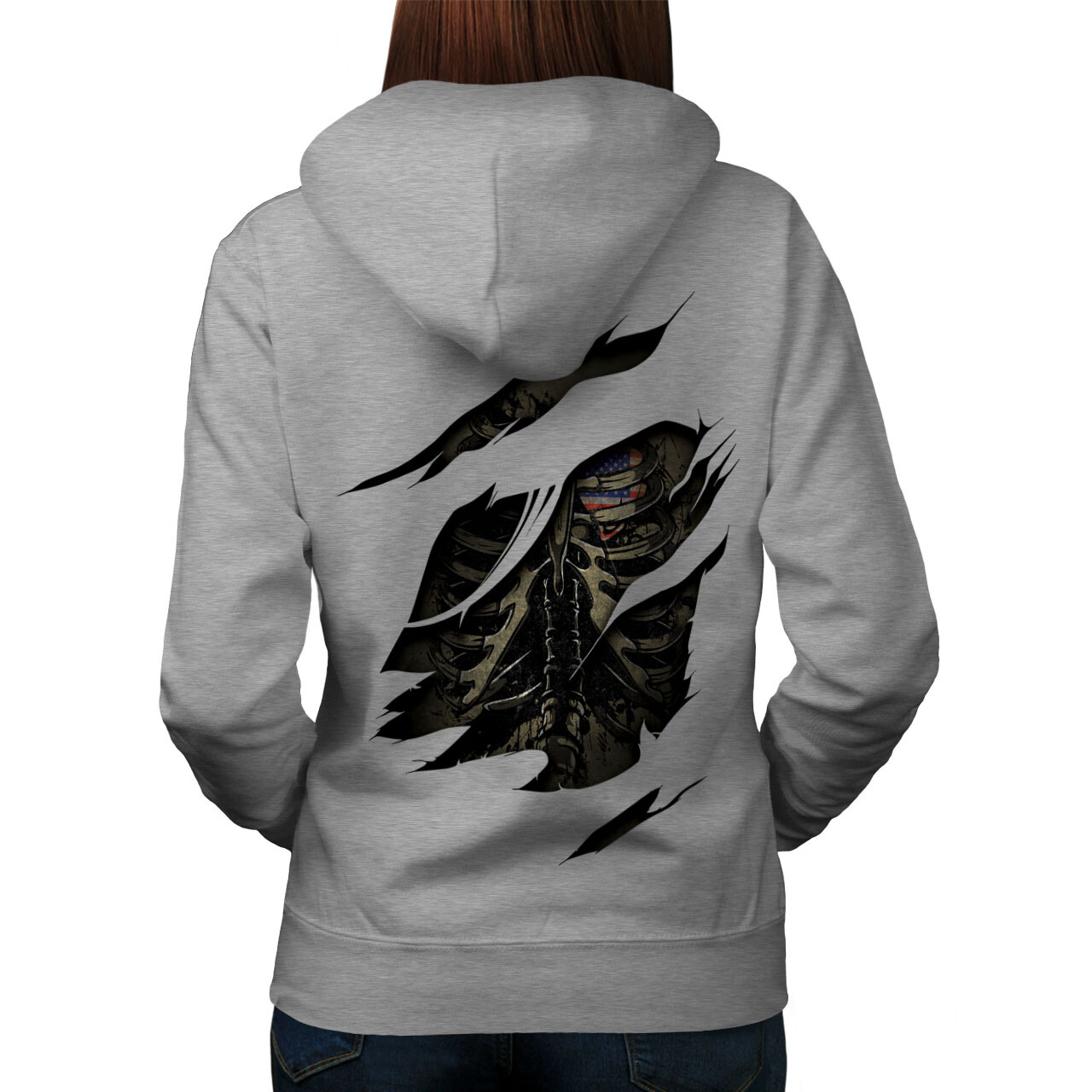 Wellcoda USA Skeleton Death Skeleton Womens Hoodie Back