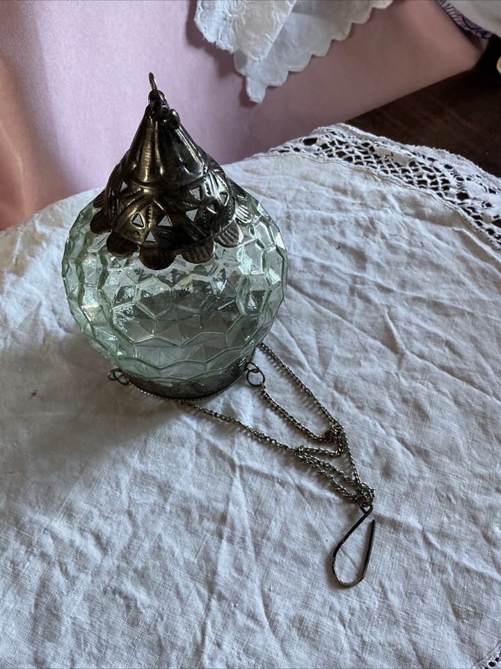 Green Tinge Glass Hanging Tea Light Candle Holder Moroccan Metal