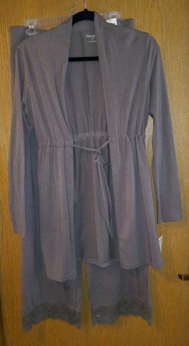 NEW ~ Chantense, Loungewear Drawstring Robe & Lace Trim Pants Set, S/M Taupe $80 - Picture 2 of 8