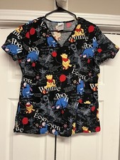 DISNEY WINNIE THE POOH  FRIENDS BLACK MULTI-COLOR SCRUB TOP WOMEN'S SZ M