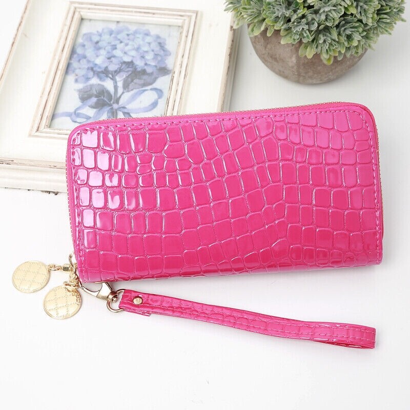 Hot Pink Patent Glossy Faux Crocodile Beautiful Fashion Double Zip