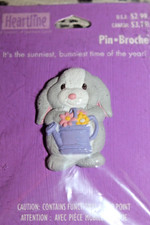 Vtg Easter Spring Pin Hallmark cute long eared bunny holding flowers in can NOS