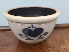 Rowe Pottery Works Mixing Bowl Blue Heart Salt Glazed 8 1/2” Rim