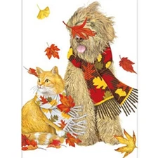 Mary Lake-Thompson Dog & Cat with Fall Leaves Autumn Flour Sack Kitchen Towel