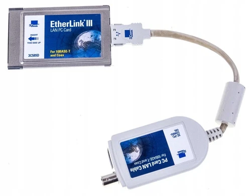 3Com EtherLink PCMCIA Ethernet LAN PC Card 3C589D + Combo Dongle Cable 