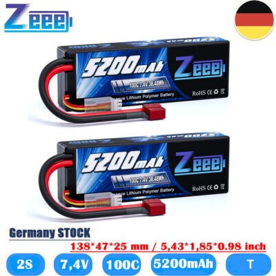 2x Zeee 2S Lipo Akku Batterie T Stecker 7,4V 5200mAh 100C Hardcase für RC Auto