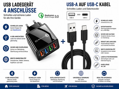 USB Ladegerät 4-fach Quick Charge 3.0 Qualcomm + USB-A auf USB-C Kabel 1m