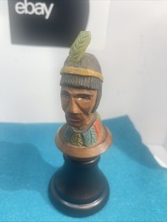 Like Anri Hsnd Carved Indian Brave Head Bottle Stopper Cork Folk Art Feathers