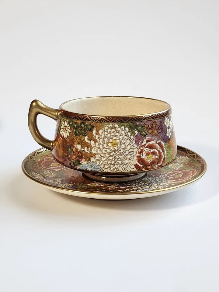 Antigua taza de té japonesa Satsuma Shimazu Millefleur mil flores y platillo Foto 4 de 4