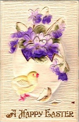Easter Postcard c1910 Violets & Chick Embossed Germany