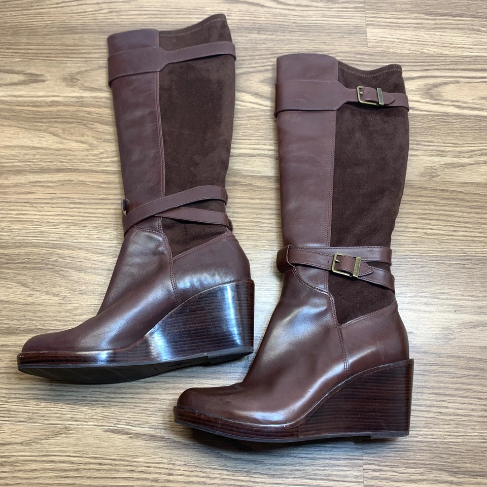 Botas Cole Haan NikeAir altura do joelho anabela couro marrom feminino tamanho 7,5 B - Imagem 3 de 4