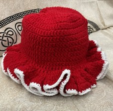 Crochet Ruffle: Handmade Bucket Hat, Ruffle Beanie, Red, Adjustable