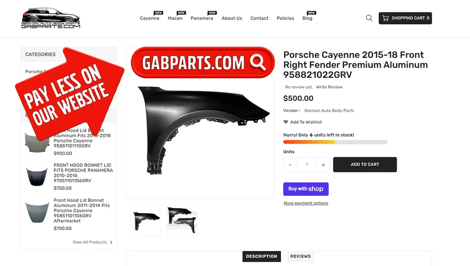 Porsche Cayenne Fender Front Right (2015-2018) Premium Aluminum 958821022GRV - Image 2 of 3