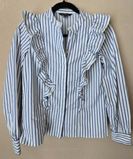 Banana Republic White Blue Striped Ruffle Front Button-Down Blouse Size S