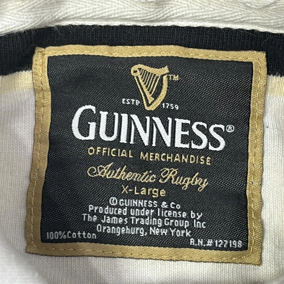 Camisa de rugby Guinness para hombre XL negra blanca a rayas manga larga parche 100 % algodón Foto 3 de 4