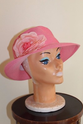 Erik Javits Packable Romantic Pink Fedora Chiffon Flower Hat Sz L XL