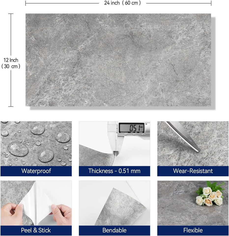 12"X24" Grey Marble Peel and Stick Floor Tile Waterproof Bathroom Vinyl