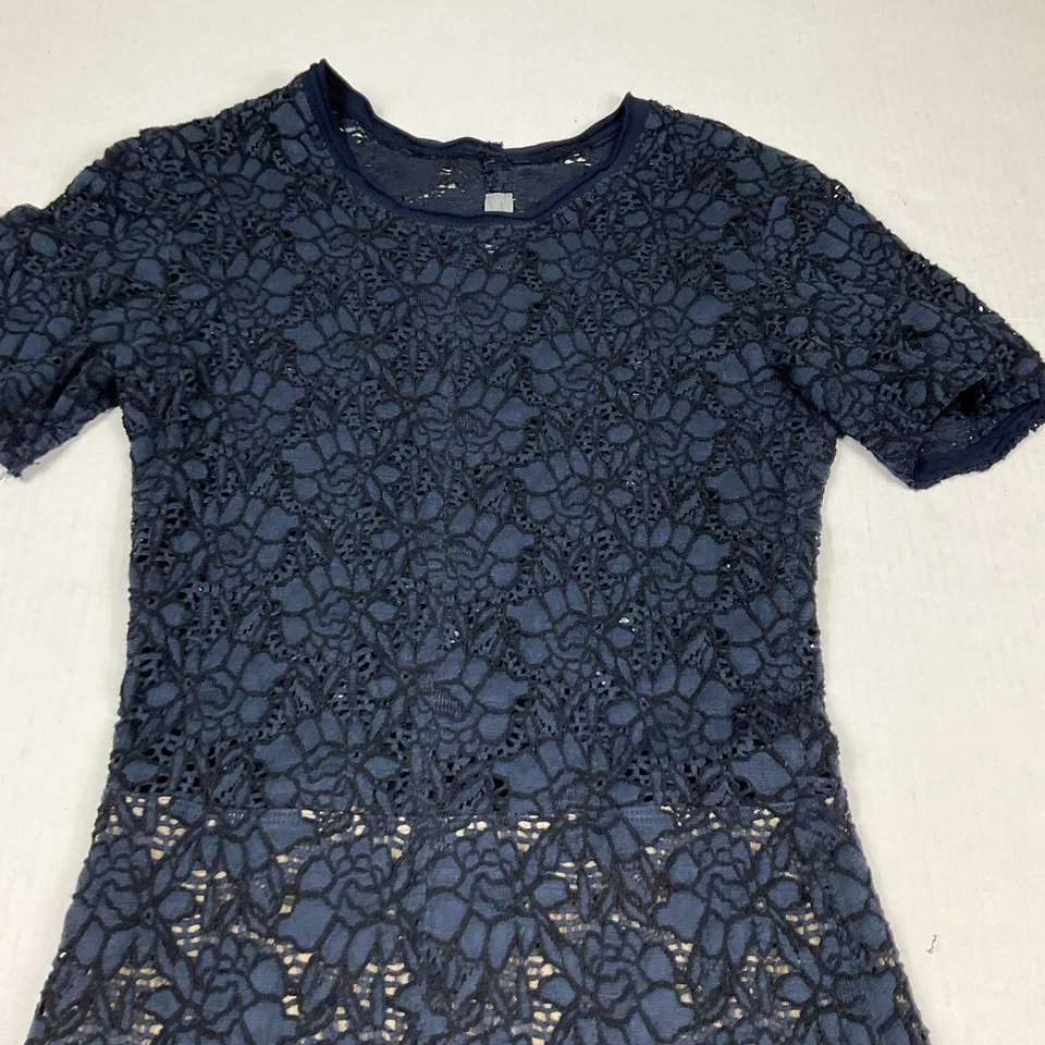 Raquel Allegra Lace Midi Pencil Dress Blue Black Short Sleeve Cocktail Size 0 - Image 3 of 4
