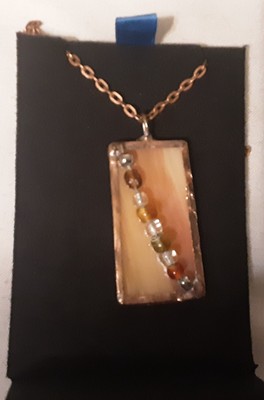 New Hand Crafted Stainglass Rectangle Necklace w/ Bead Accents