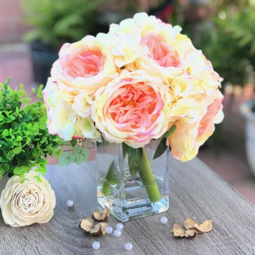Artificial Mixed Peony Hydrangea Faux Flower Arrangement w Glass Vase Faux Water - Picture 5 of 11