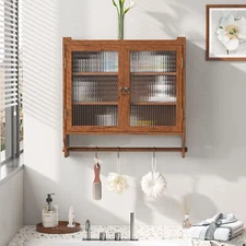 3-Tier Wood Wall Mounted Cabinet w/Glass Doors, Medicine Cabinet w/Towel Rack