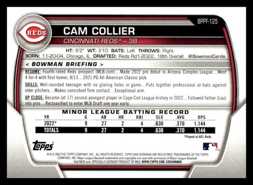 2023 Bowman 1st Edition Cam Collier BPPF-125 Cincinnati Reds - Picture 2 of 2