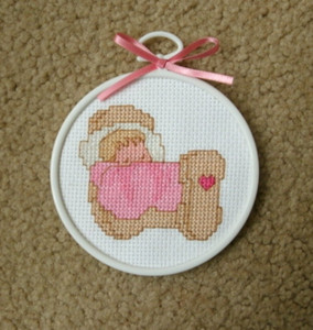 Finished completed cross stitch BABY GIRL Cradle Christmas ornament
