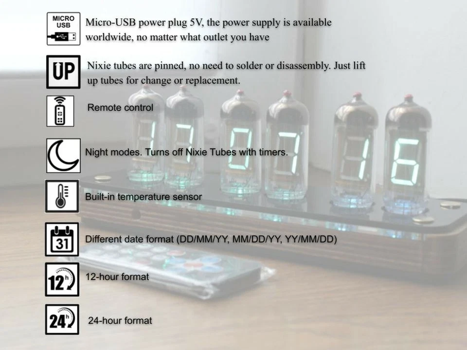Relógio de mesa montado VFD IV-11 Nixie tubo Steampunk retrô Cyberpunk - Imagem 2 de 4