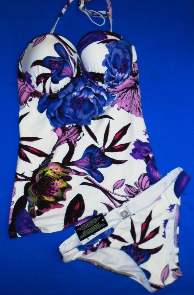 Próximo Conjunto Tankini Floral Halter 32D y 2 x Calzoncillos Talla 6 Azul Púrpura Nuevas Etiquetas Nuevo con Etiquetas Foto 3 de 4