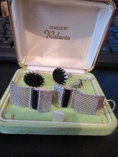 29V beautiful vintage 2 set cufflinks 1 tie pin black stone silver color w/box