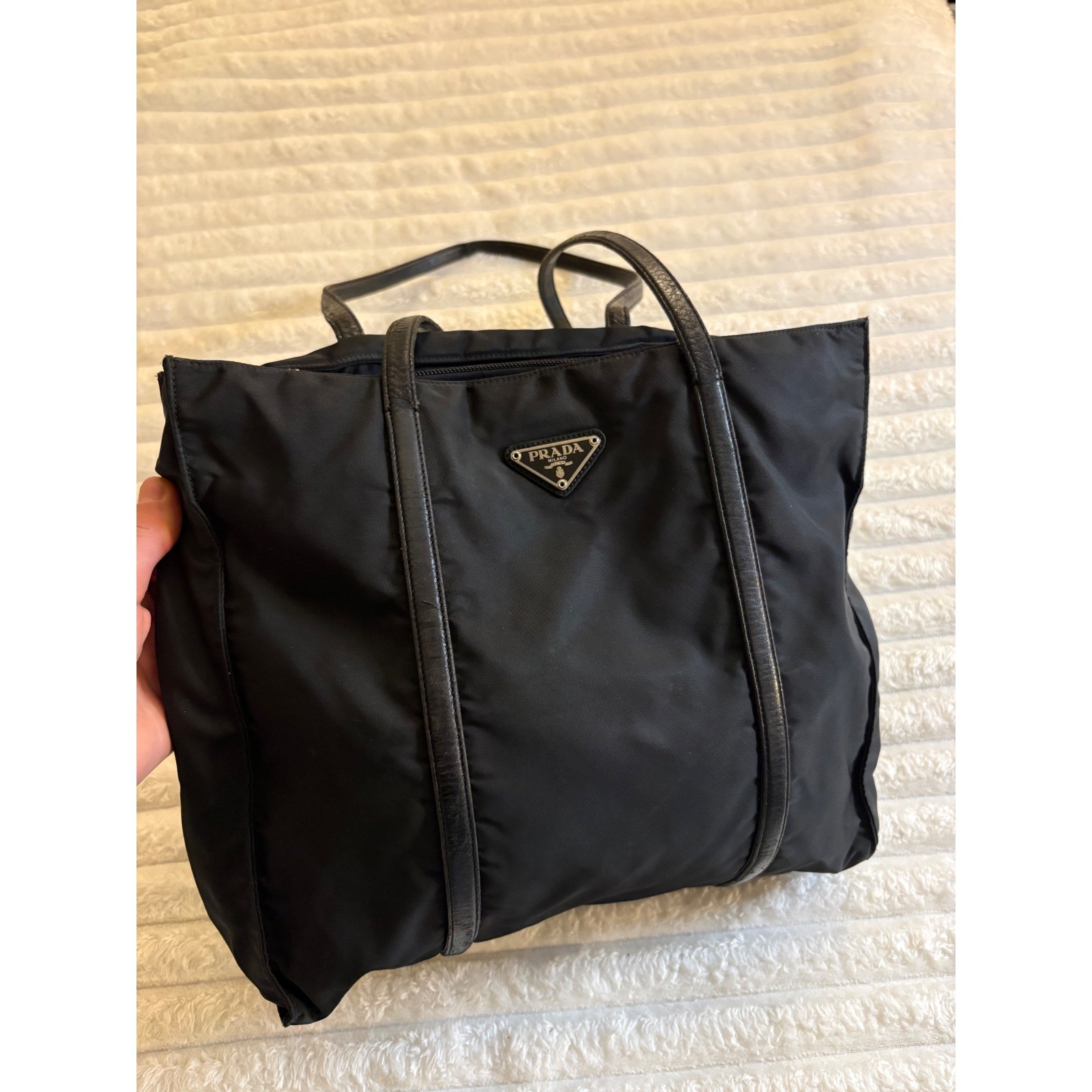 Prada Black Nylon Tote Bag Leather Trim Triangle Logo Shoulder Bag Vintage thumbnail 4