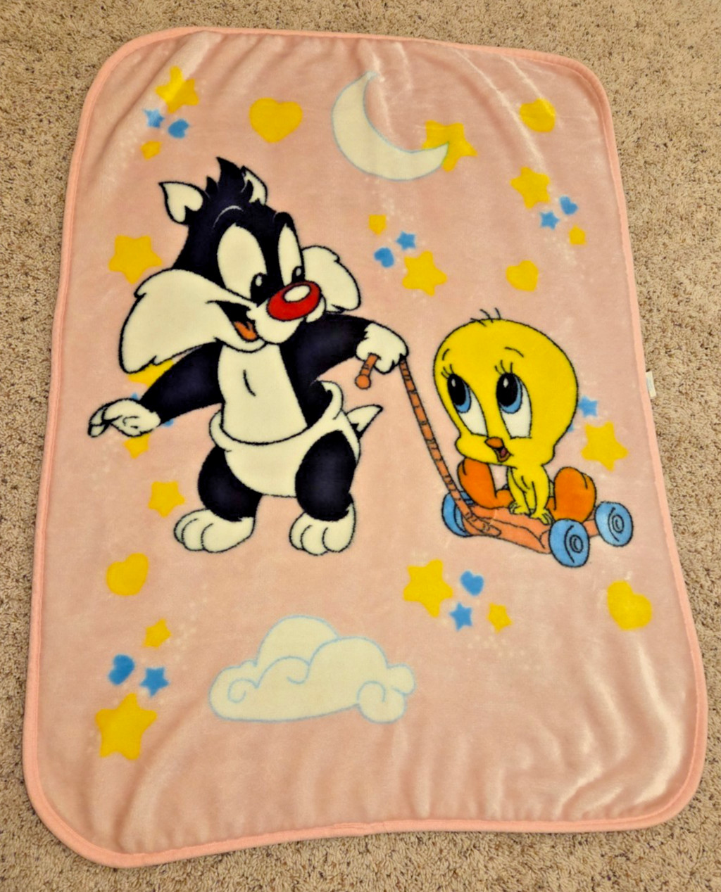 MINT! Vintage Pink Baby Looney Tunes Sylvester Tweety Plush Blanket FREE SHIP!