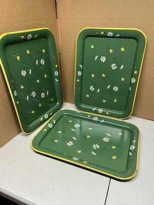 Beautiful Set of 3 VTG Floral Metal Lap Trays Dinner Green Cottage 17.5 x 12.5
