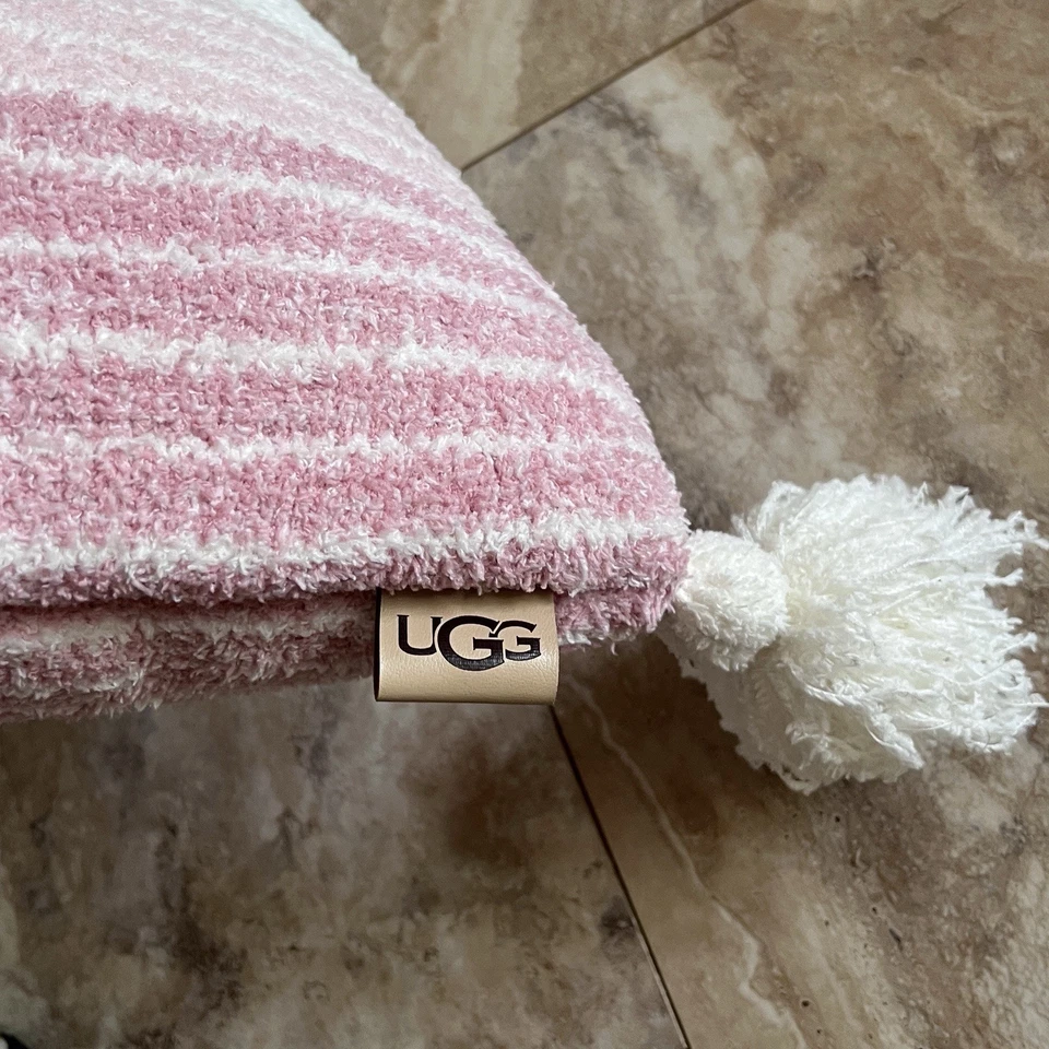 Almohada UGG Amapola Oblonga Desierto Coral Rayas Rosa ~ 20”x16” Suave con Borlas Foto 3 de 4