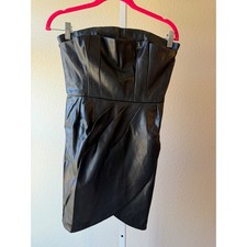 Choosy Black Vegan Leather Strapless Mini Dress Tulip Hem Pleated Size 0 NEW