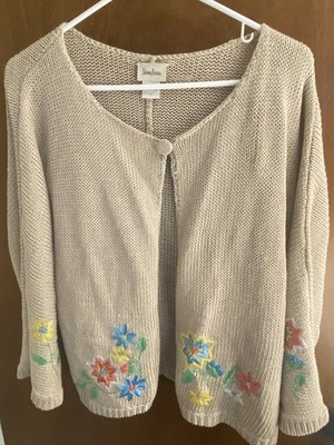 Vintage Neiman Marcus Embroidered Floral 100% Linen Sweater Open Cardigan Luxe L