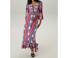Aniston Damen Kleid Boho-Muster Viskose 3/4-Ärmel V-Ausschnitt Blau Gr. 38-46