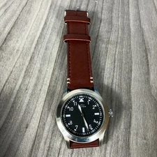 Elevon Hanson Watch Men Silver Tone Round Black Dial Brown Band 41mm