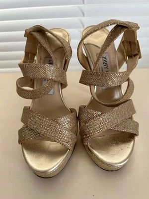 JIMMY CHOO Sandales Talon En Glitters Brides Mule Chaussures Or Femme Taille 35 - Photo 1/4