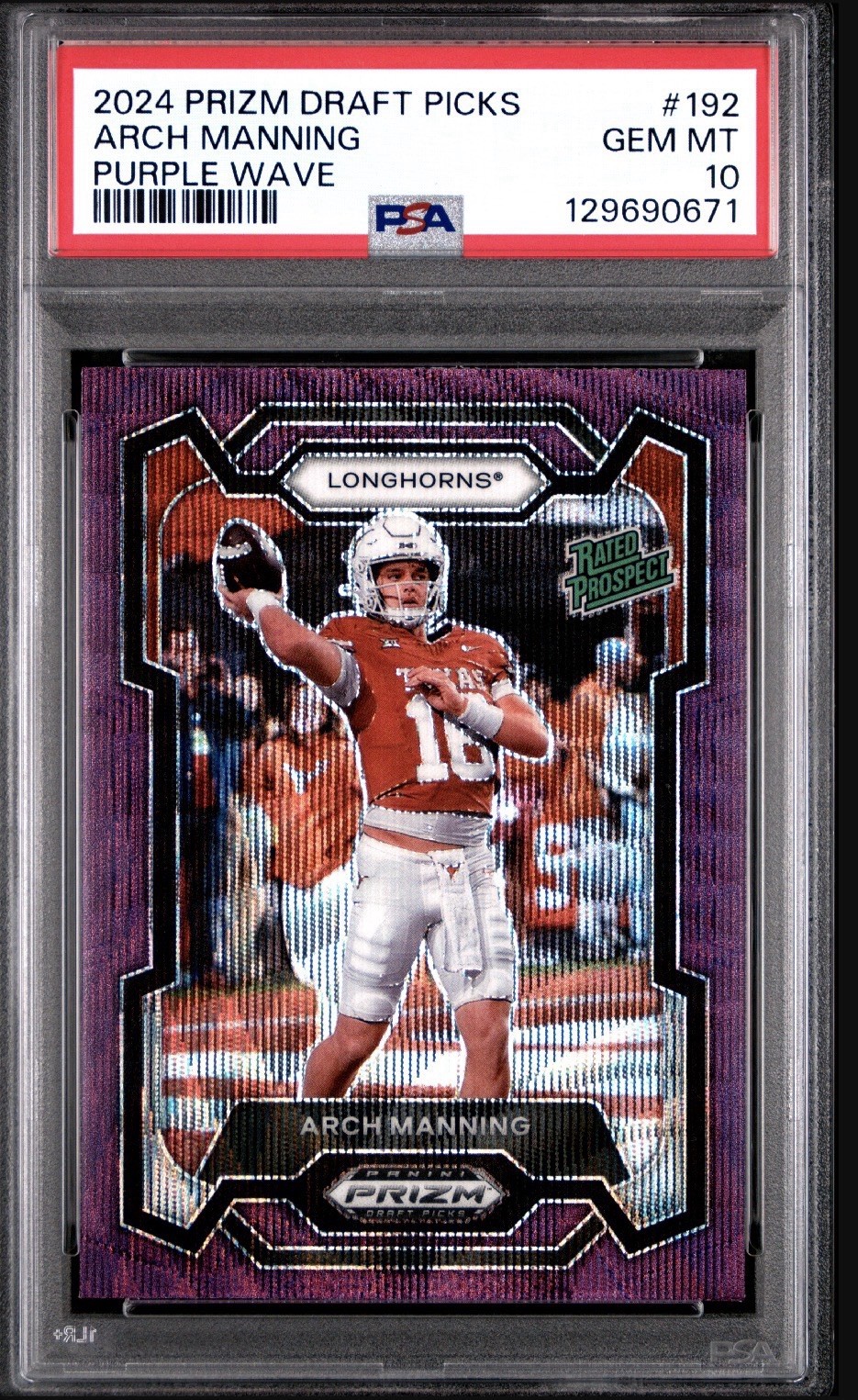 2024 Prizm Draft Picks Rated Prospect Arch Manning #192 Purple Wave Prizm PSA 10