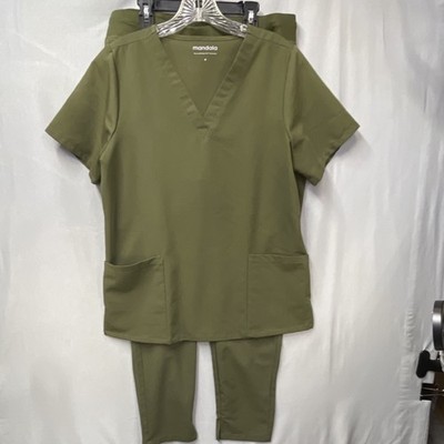 Mandala Unisex Solid Green Scrub Set Top & Pants Size M Poly Blend