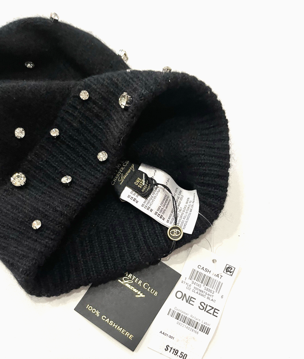 Charter Club 100% Cashmere Rhinestone Beanie Knit Hat 