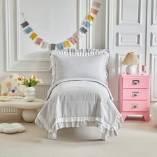 4 Pieces Double Layer Bedding Set - Light Grey White Ruffle Fringe 4 Pieces ...