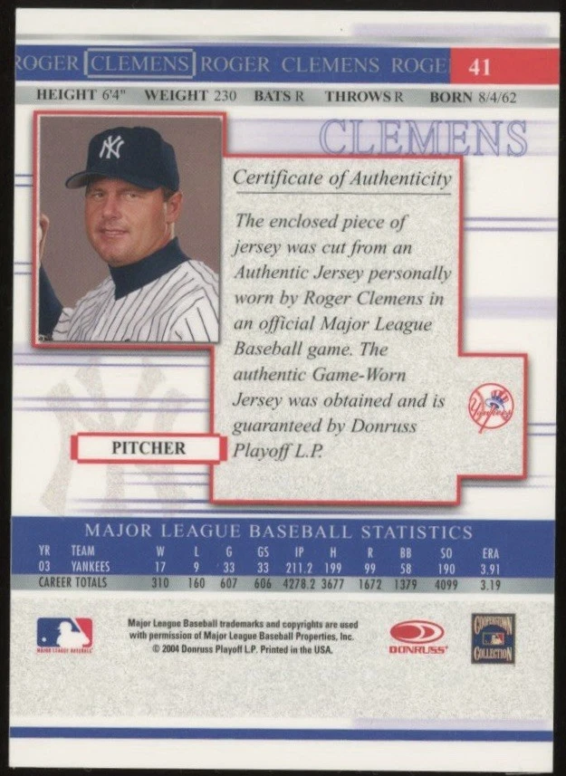 2004 Donruss Timelines #41 Roger Clemens Material Jersey Relic Yankees HOF CY - Image 2 of 2