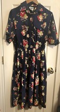 Leslie Fay Dress Women’s Size 8 Blue Floral Vintage Fitted Waist Button Front