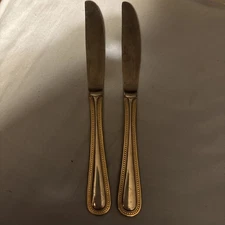 2 Vtg 18/10 Stainless Steel Gold Beaded Dinner Knives  Satin Handle