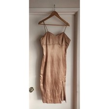 VTG MAXIMA Satin Slip Midi Dress Rose Gold Spaghetti Strap Side Slit L Y2K