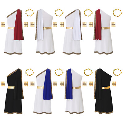 US Men's Robe Greek Dress Up Tunic Dresses Philosopher Toga With Headwear Party